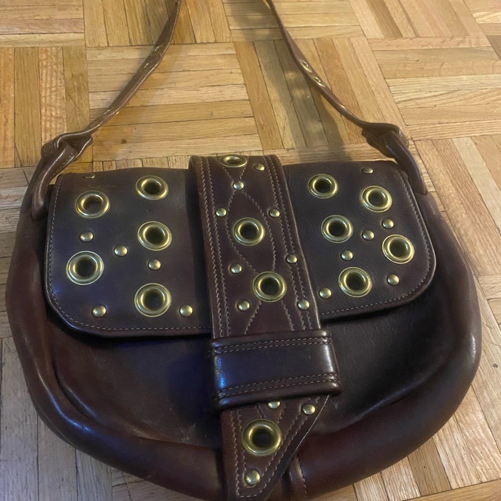 Hand made Vintage heavy Brown Leather Shoulder Bag with Gold Accents